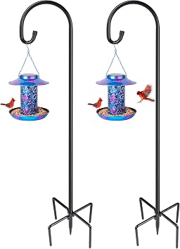 Ottsuls 2 Pack 76 inch Adjustable Shepherd Hooks and 2 Pack Solar Bird Feeder for Outdoors Hanging Blue