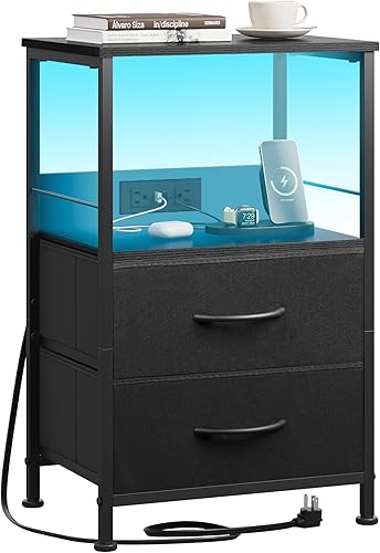 WLIVE Mesita de noche LED con estación de carga, mesita de noche negra con 2 cajones de tela y estante de almacenamiento, mesa auxiliar con 2