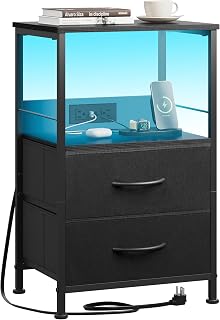 WLIVE LED Night Stand with Charging Station, Black Nightstand with 2 Fabric Drawers and Storage Shelf, Dorm Bedside Table End Table with 2 USB Ports and Outlets, Small Dresser for Bedroom