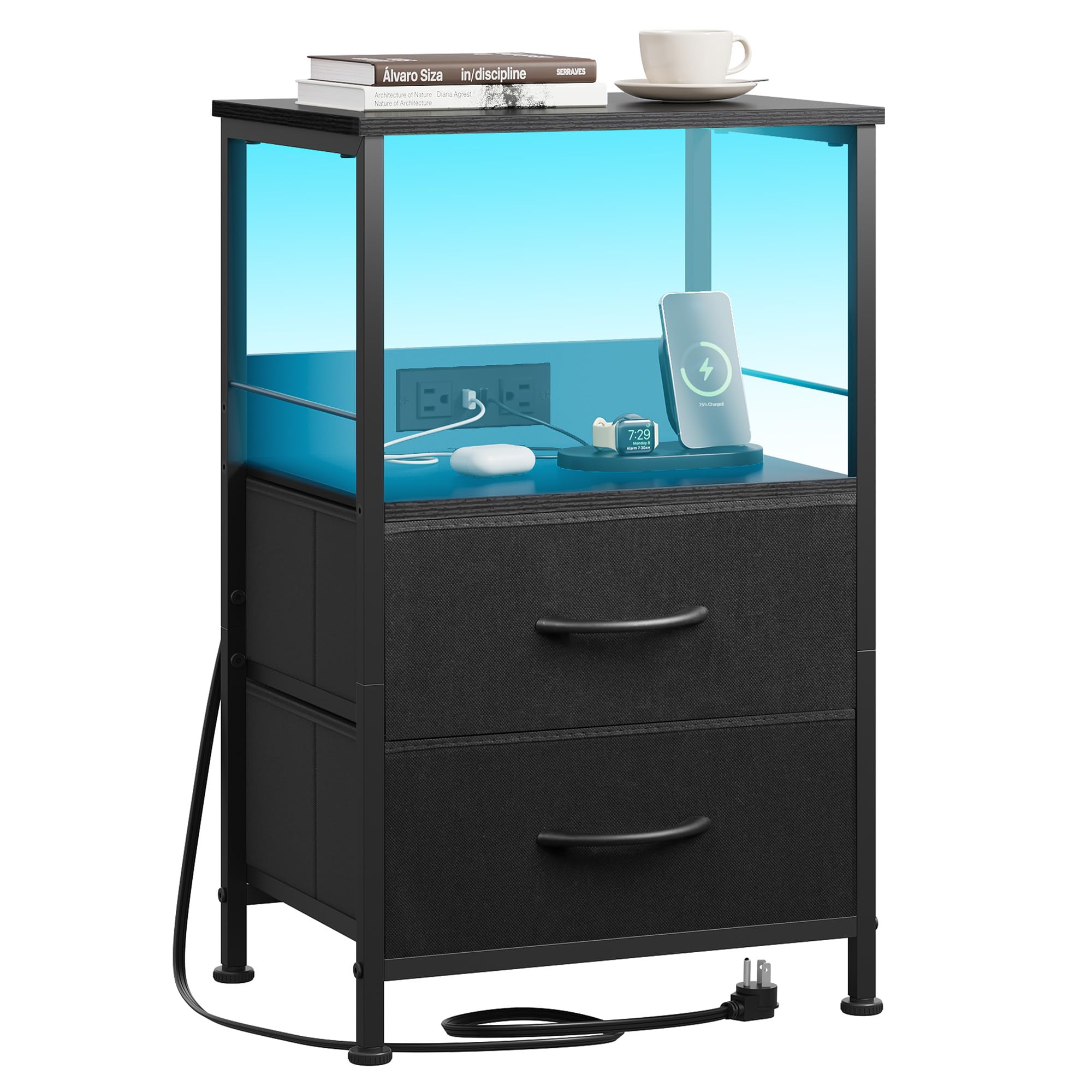 WLIVE LED Night Stand with Charging Station, Black Nightstand with 2 Fabric Drawers and Storage Shelf