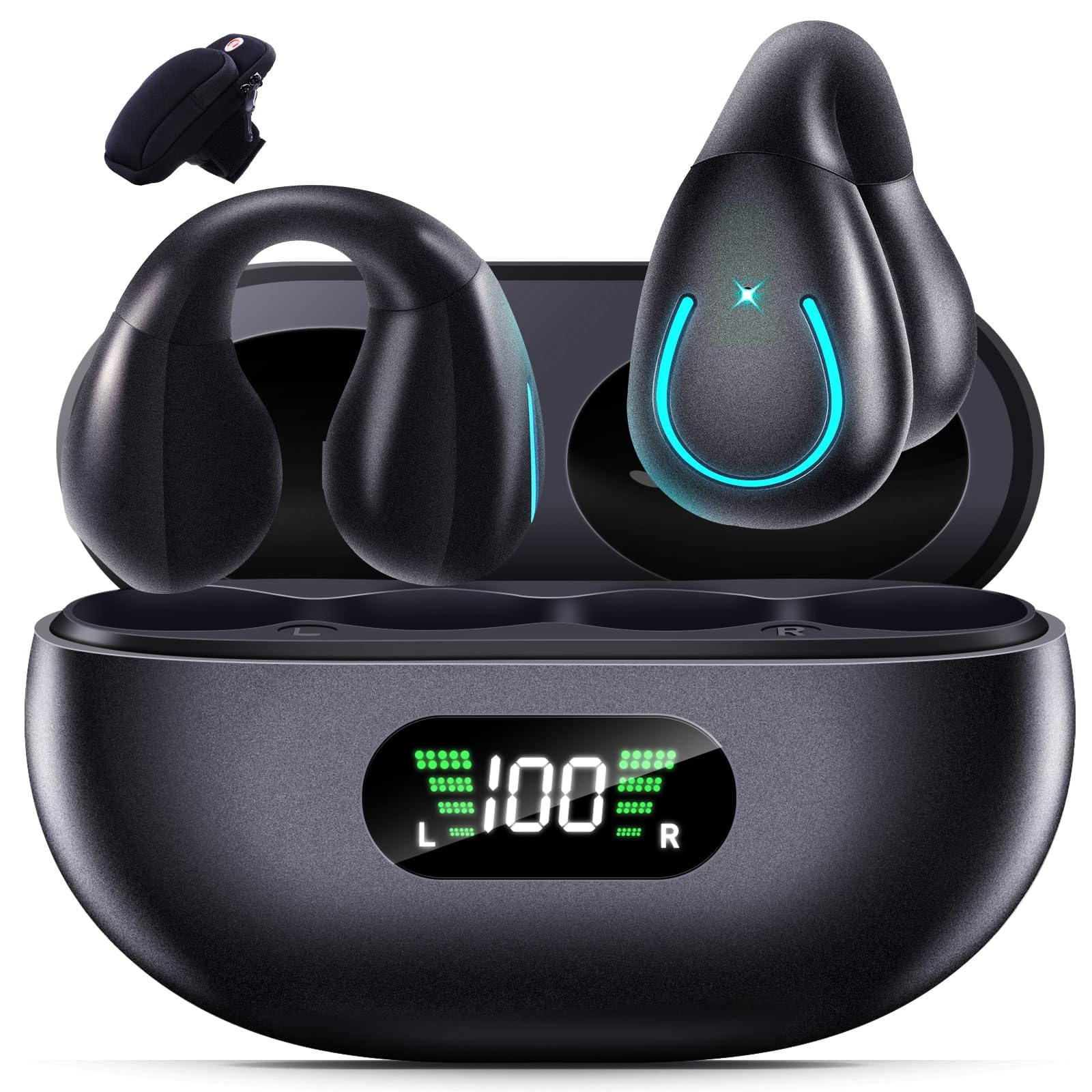 TUTGLOBAL Ear Buds Wireless Bluetooth Earbuds 5.3,Ultra Open Ear Earbuds,Clip on Headphones,Waterproof Sports Earphones Built-in Mic with Charging Case,Extra Armband Phone Holder,Aware of Surroundings