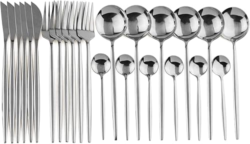 Miniatura 16 de Juego de cubiertos de acero inoxidable 304 de 24 piezas con caja dorada que incluye cuchillo, tenedor/cuchara, servicio para 6, pulido espejo, apto