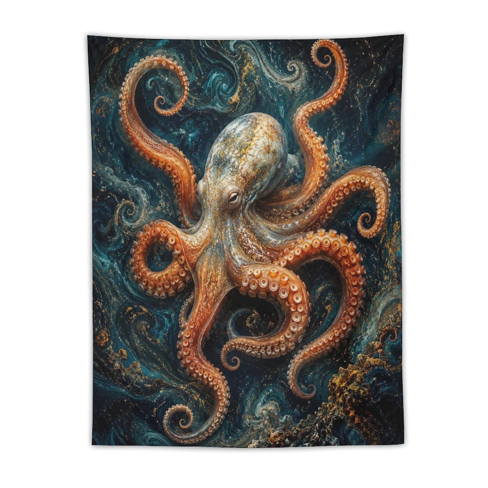 H3B8U2Y5 Dark Ocean Octopus Wall Tapestry, Oil Painting, Nautical Fantasy
