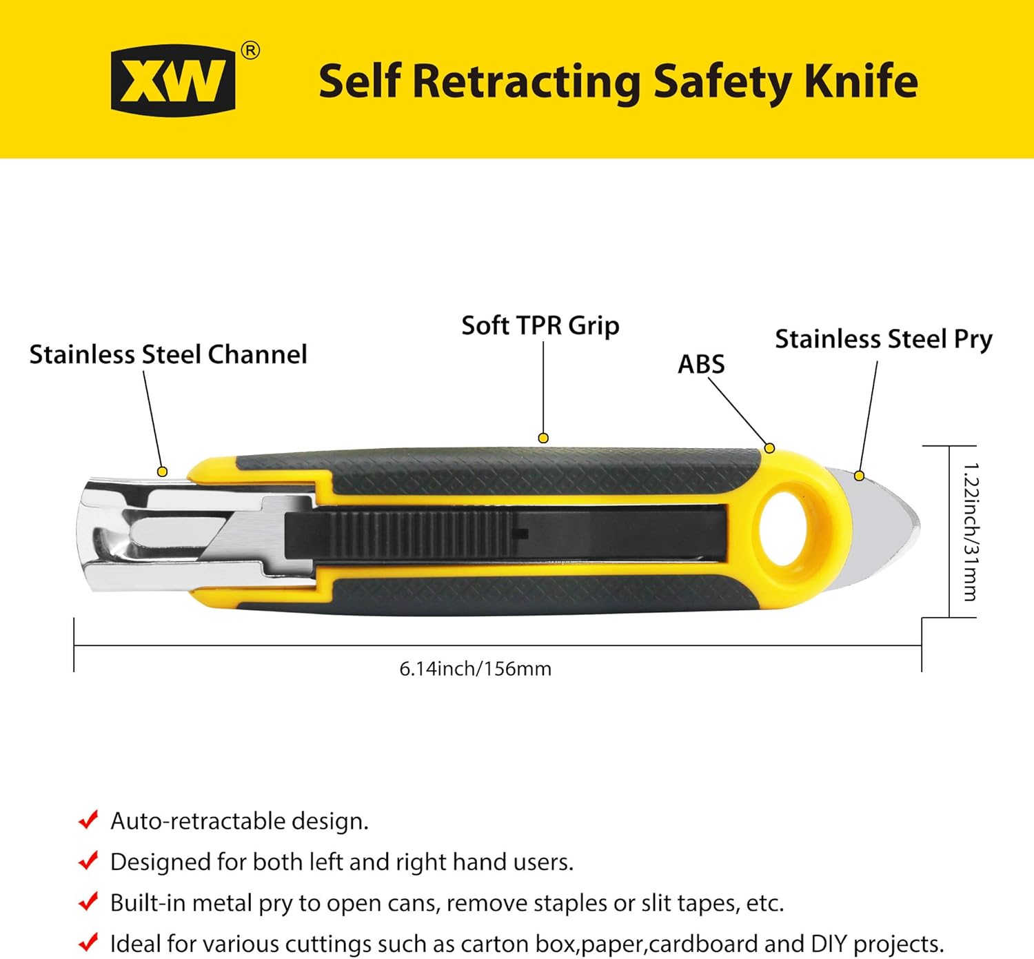 XW Self Retracting Safety Utility Knife, Auto Retractable Box Cutter of Assorted Colors, Extra 10 Blades Included, 3-Pack