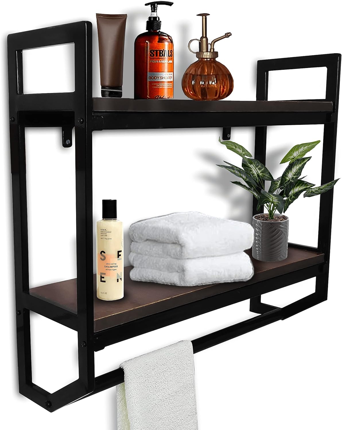 FEBTECH – Toallero de baño industrial de 2 niveles con toallero – 23.6 pulgadas, estante de pared rústico de acero sobre el inodoro – Estante de