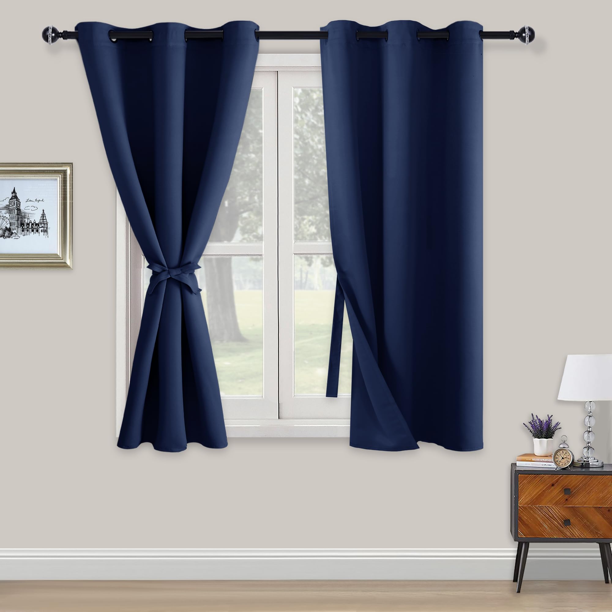 XWZO Blackout Curtains Shades Window Curtain Panels with Tiebacks- Noise Reduction and Thermal Insulated Eyelet Curtains for Bedroom,Living Room,Office,Study Room Navy W46xL54