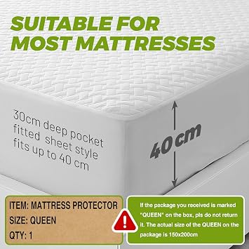 MEREZA Waterproof Mattress Protector King Size with 40cm Extra Deep Fitted Skirt Bed Cover, Ultra Cooling Bamboo Mattress Cover Anti Allergy & Breathable & Noiseless (Queen/King,150x200cm)