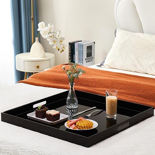 Miniatura 3 de Bandeja otomana de acrílico negro de gran tamaño de 18 x 18 pulgadas, bandeja decorativa extra grande a prueba de derrames con asas, organizador de