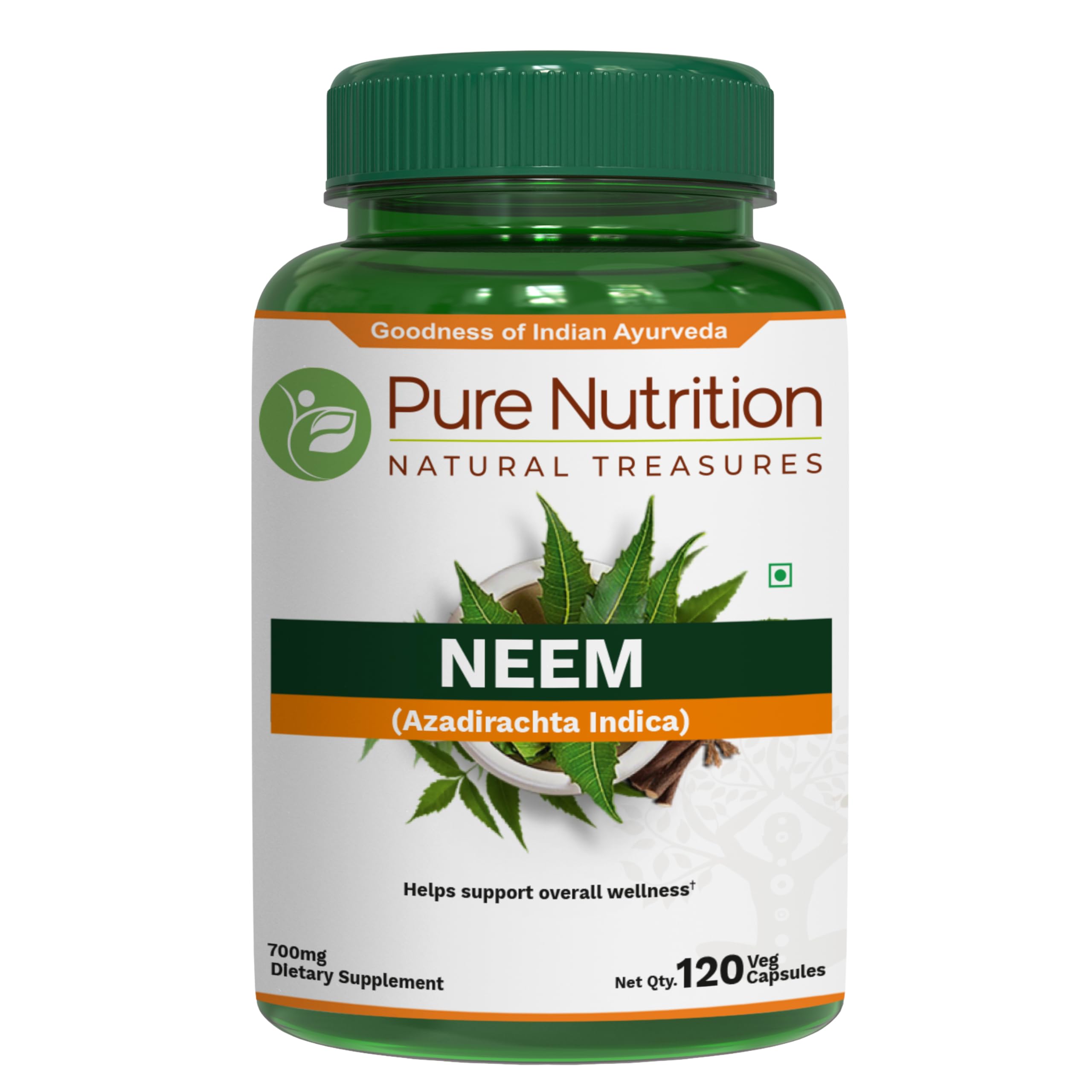 Pure Nutrition Neem Capsules 700mg. (Equivalent to 2600mg Neem Leaf Powder and Bark Powder) Non GMO | Once Daily | 120 Days Supply.USDA Organic
