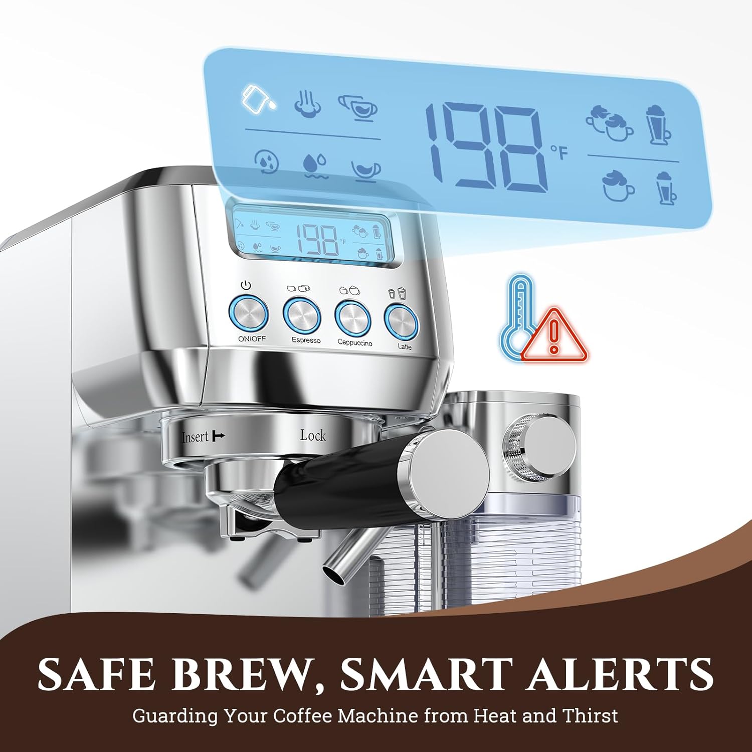 AMZCHEF Espresso Machine with Upgraded Automatic Milk Frother, 20 Bar Cappuccino Machines with LCD Display for Home Gifts, Latte Coffee Maker with Dual Wall & Filters, Sliver