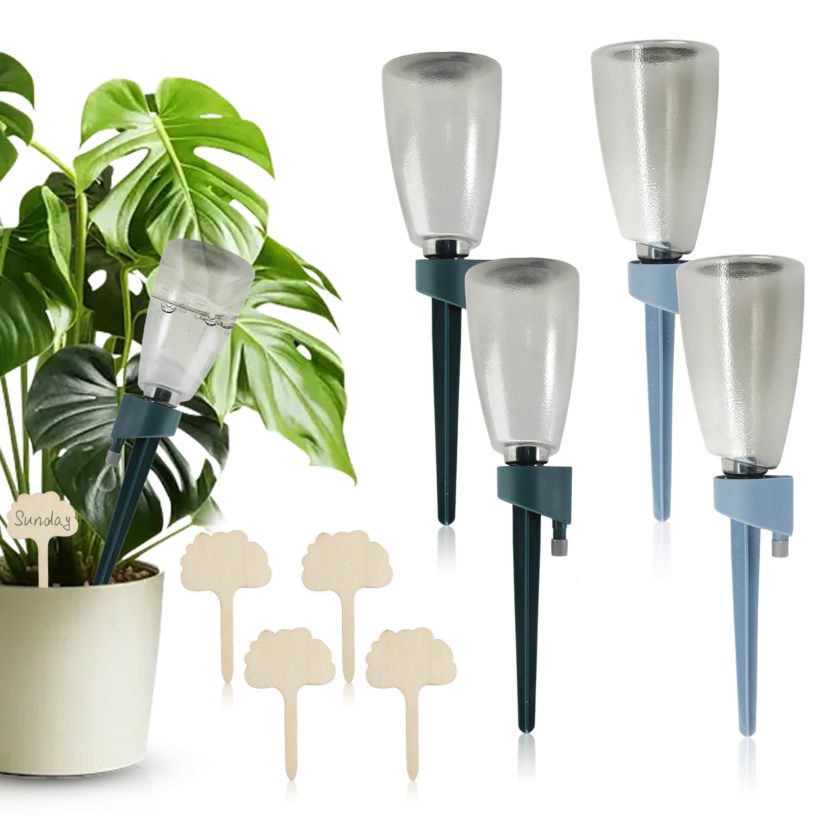 WRENYZK 4Pcs Self Watering Spikes Set, Plant Watering Devices with Matching Bottle and 4Pcs Plant Labels,Self Watering Plant Spikes with Slow Release Control System for Garden Indoor Plants