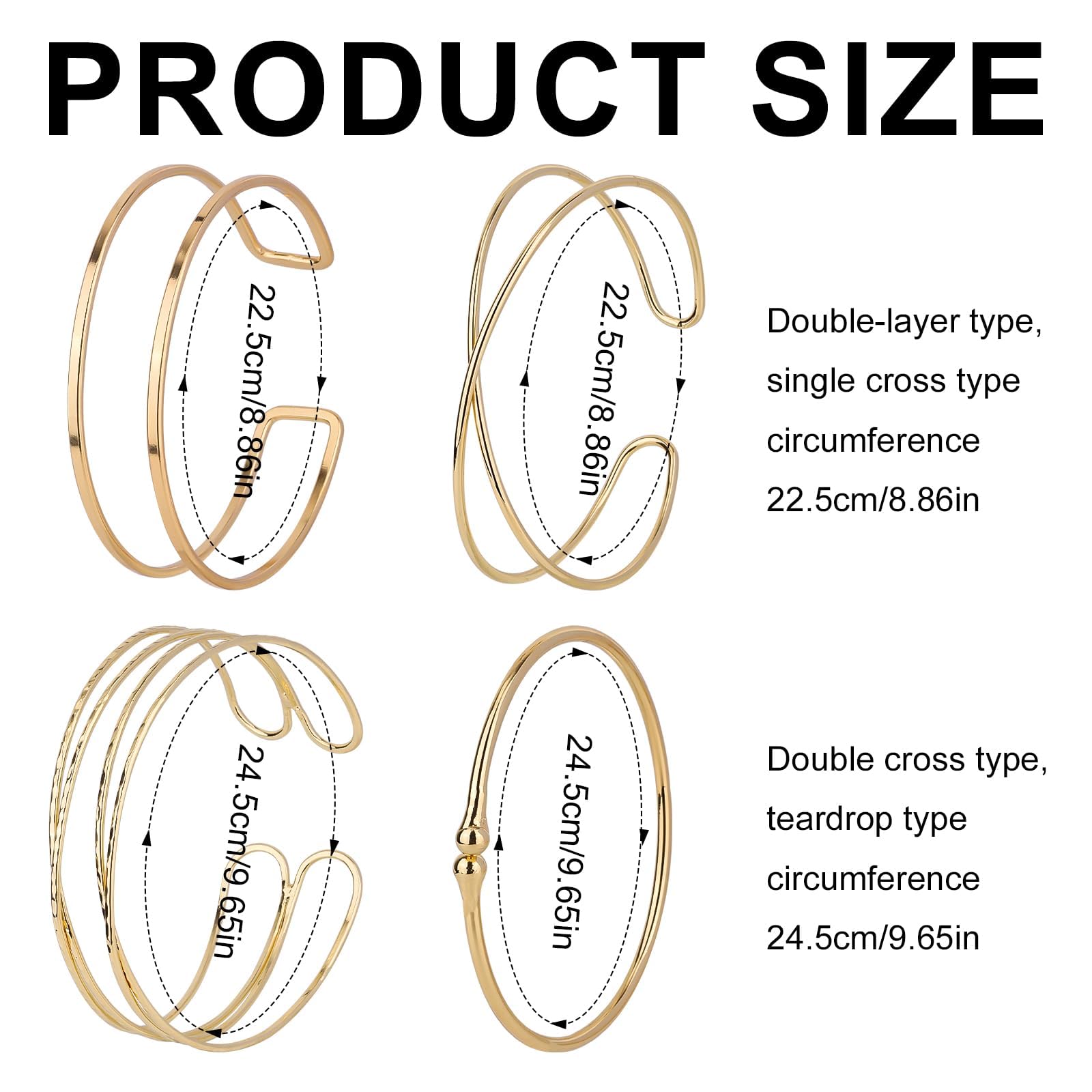 Zestaw 4 regulowanych bransoletek na ramię, damska bransoletka z otwartym mankietem ze stopu metali, elegancka, minimalistyczna i czeska, bransoletka, na imprezę i wesele, modne akcesoria (złoty)