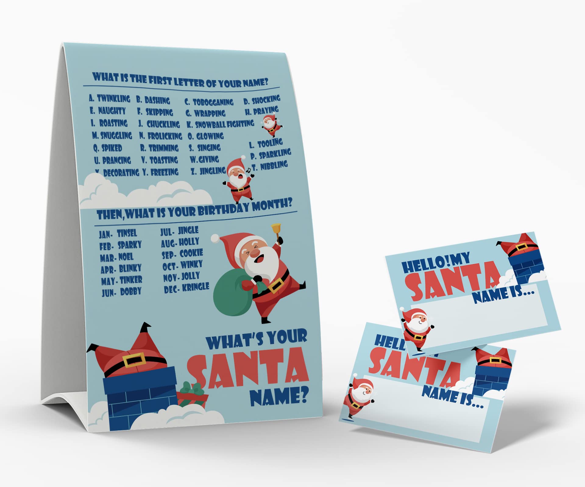 What's Your Santa Name Game, 1 Santa Theme Sign and 50 Name Tag Stickers, Christmas Party Games, Birthday Game for Kids and Adult Parties, Activity Game for Office or Class | JRKP055L