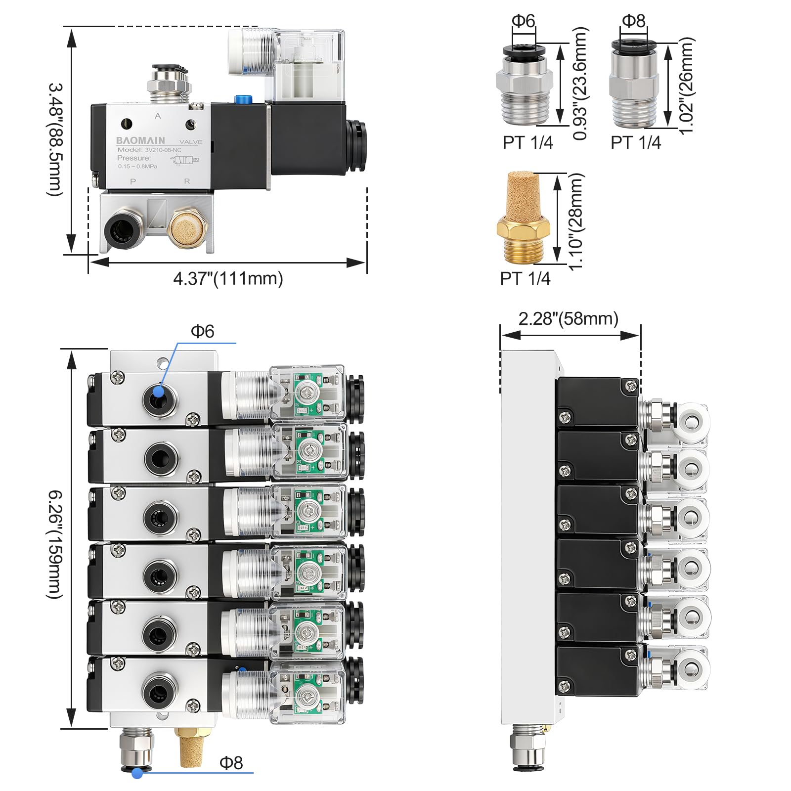 Baomain Válvula solenoide neumática de 6 espacios 3V210-08 24VDC PT1/4 2 posiciones 3 vías con silenciador base juego de accesorios rápidos