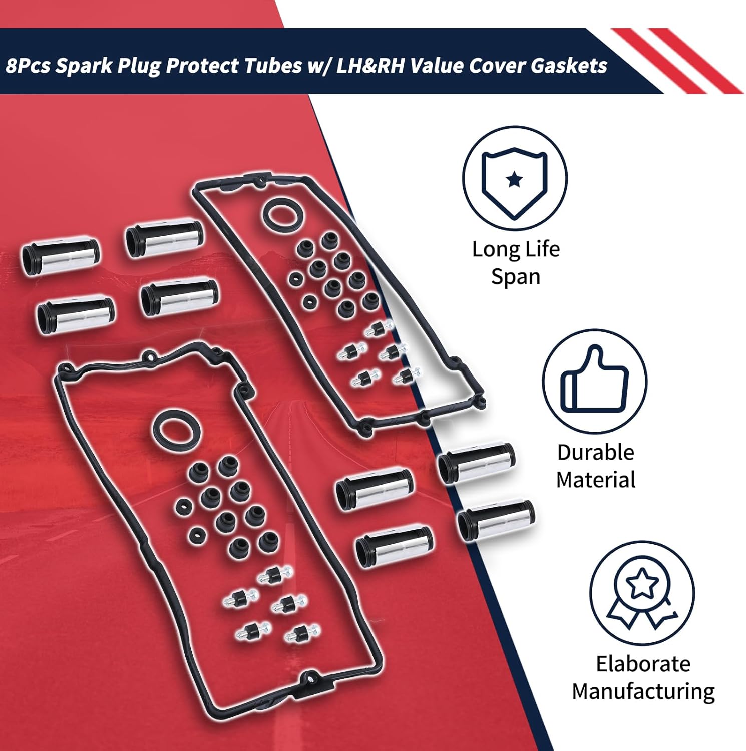 8Pcs Spark Plug Protect Tubes w/LH&RH Value Cover Gaskets Fit for BMW 545i 550i E60 E61 645Ci 650i E63 E64 745i 745Li 750i 750Li 760Li E65 E66 X5 E53 E70 2000-2013 N62 N73 Engine 11127570219
