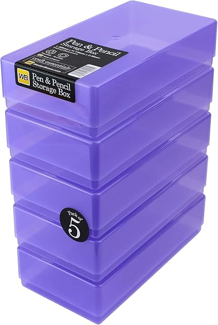 WestonBoxes Plastic Storage Boxes with Lids for Pens, Pencils and Stationery - 1.4 Litre Volume (Purple, Pack of 5)