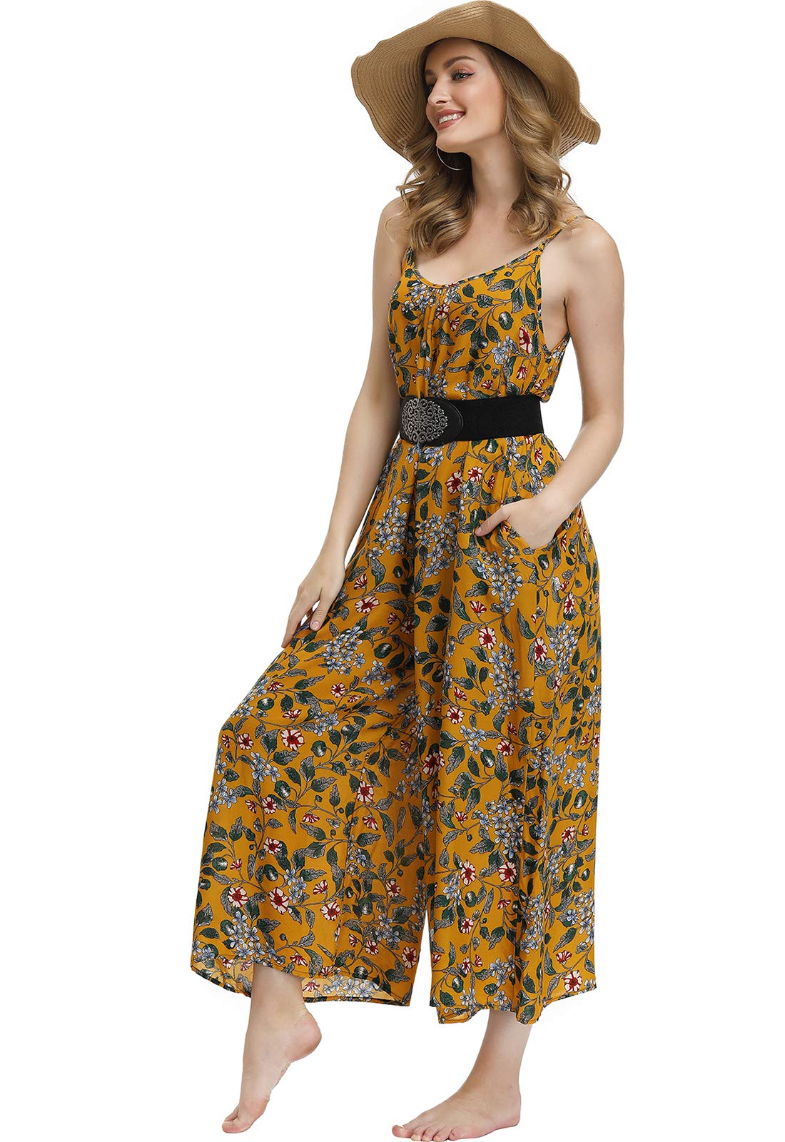 BUENOS NINOS Women's V Neck Boho Maxi Dress - Floral Print, Adjustable Straps, Pockets, Yellow Jumpsuit - Size Small