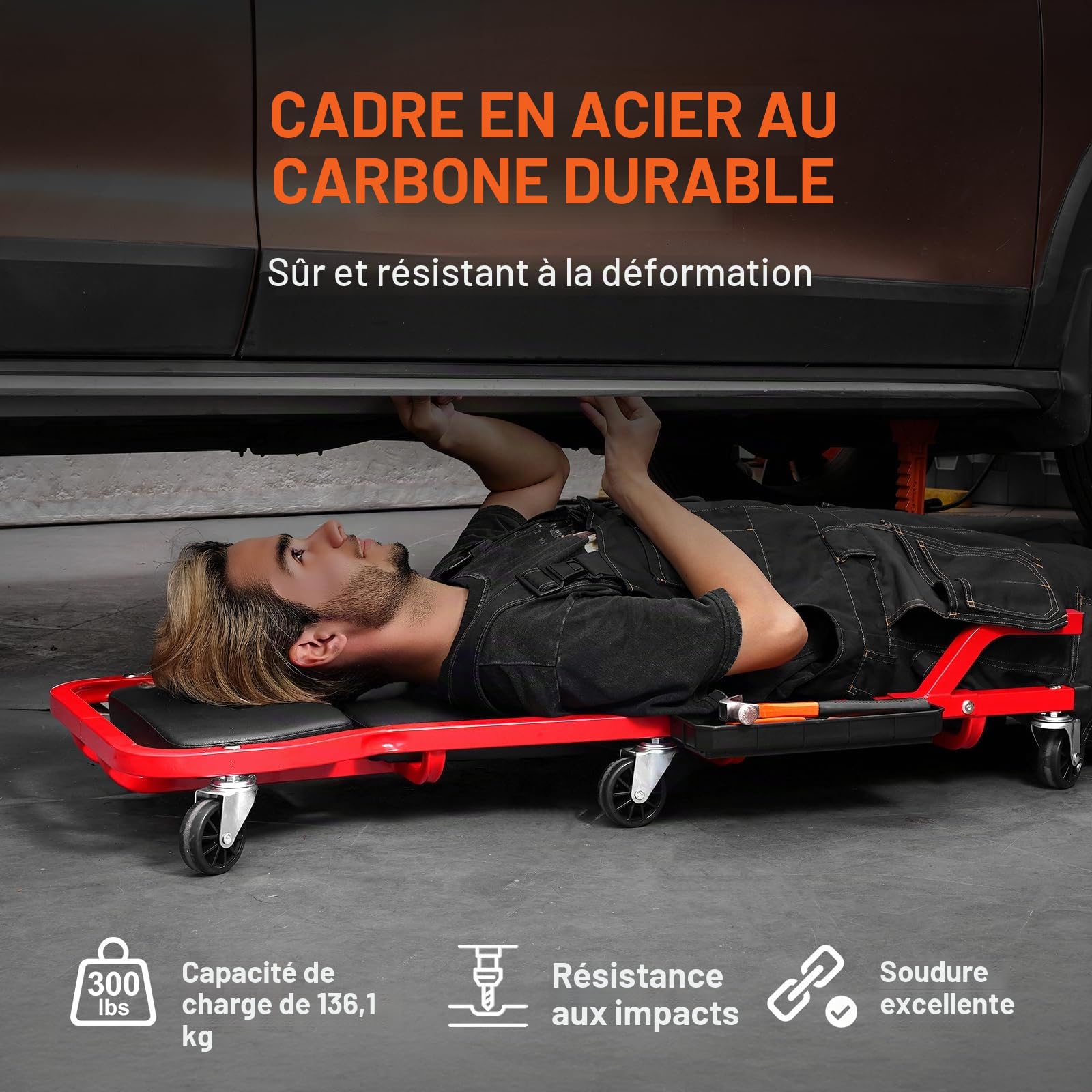 VEVOR Chariot de Visite 109,5 cm, Chariot de Mécanicien Charge 136,1 kg, Cadre en Acier, avec 6 roulettes, Appui-tête Rembourré Réglable, Plateau à Outils, pour Garage, Atelier, Réparation Automobile