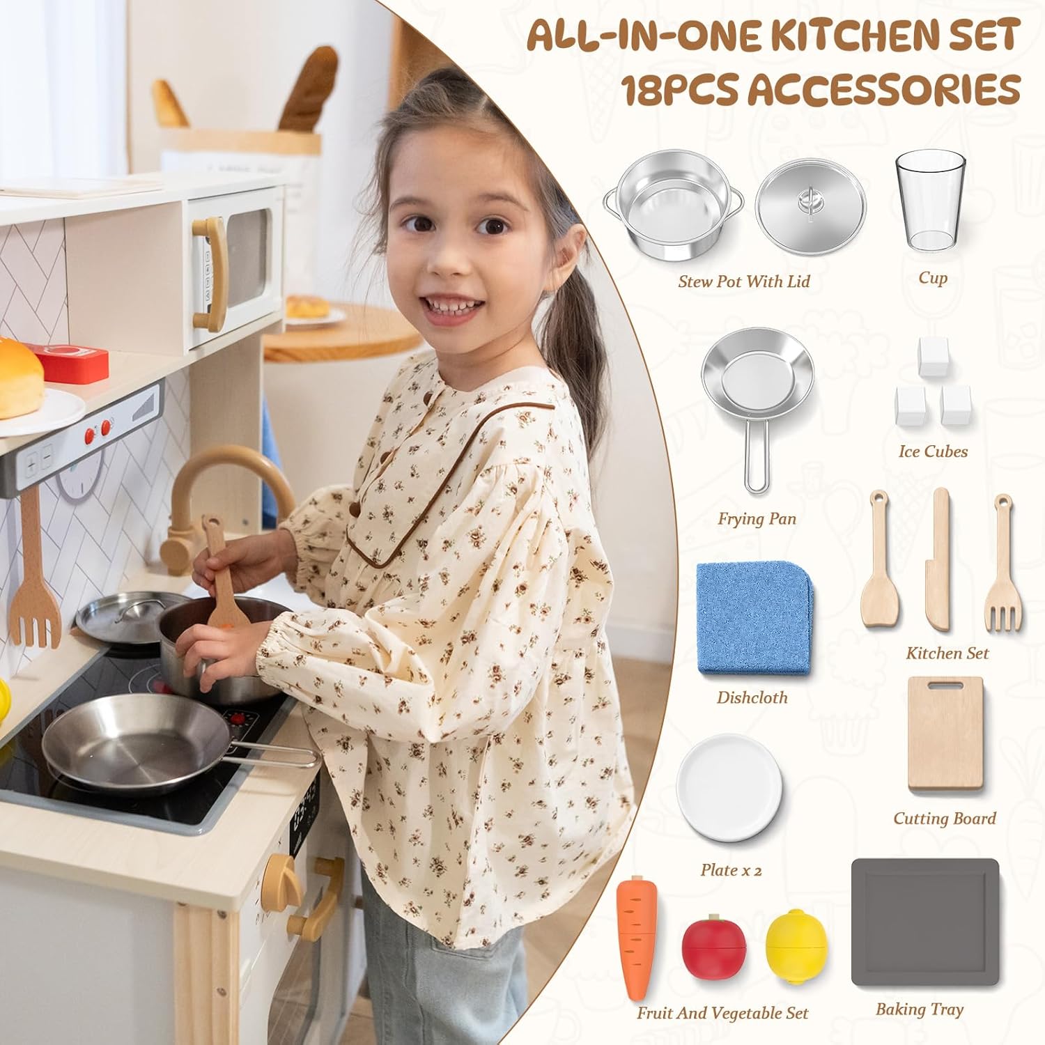 Freniland Wooden Play Kitchen, Kitchen Playset for Kids with Realistic Stove, Range Hood, Oven, Ice Maker, Microwave, Sink, with Light & Sound, 18 Accessories, Pretend Toy Kitchen, Gift for Ages 3+