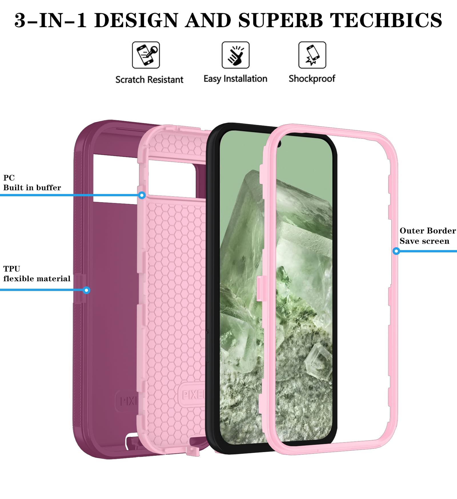 Qinmay Phone Case for Google Pixel 8A Case with HD Screen Protector, Heavy Duty Shockproof & Dropproof 3-Layer Cover Phone Case for Pixel 8A,WineRedPink