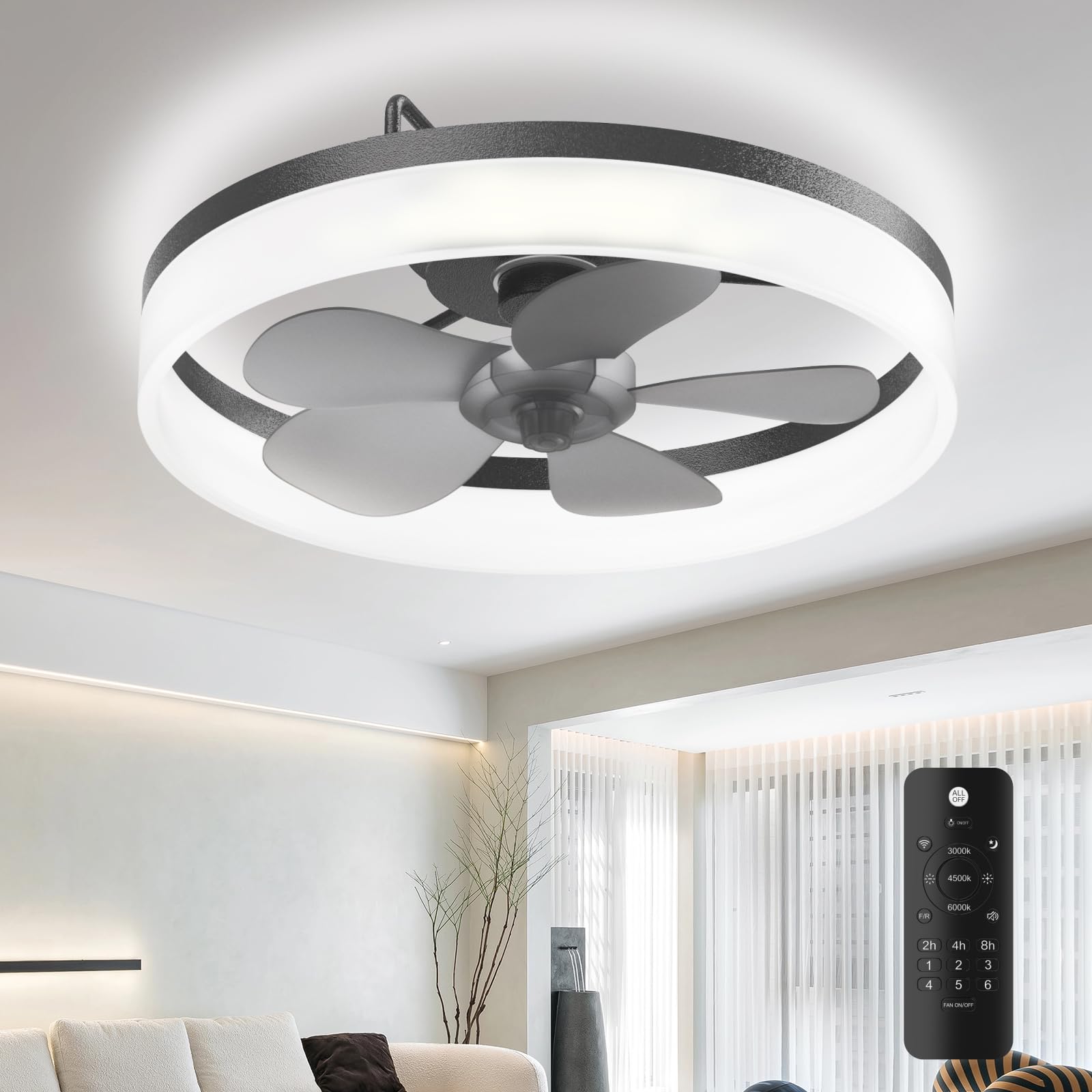 Ceiling Fans with Lights, 19.7'' Flush Mount Ceiling Fan with Lights and Remote, 3000K-6000K Dimmable Modern Low Profile Ceiling Fans for Bedroom Living Room, 6 Speeds Fandelier LED Fan Light