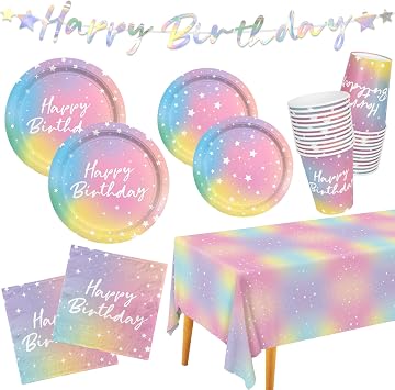 Luminous Rainbow Birthday Party Supplies - Disposable Paper Plates, Cups, Napkins, Tablecloth & Banner - Ideal for , Mermaid Themed Events & Birthday or Wedding Party Decoration - Serves 25