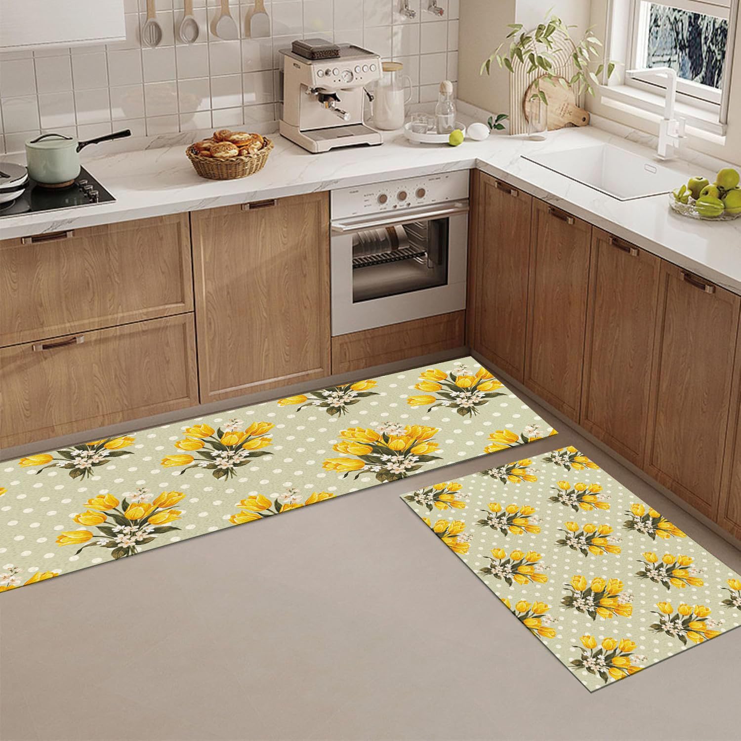 Alfombra de cocina elegante con tulipanes rústicos y acabados de alta resistencia