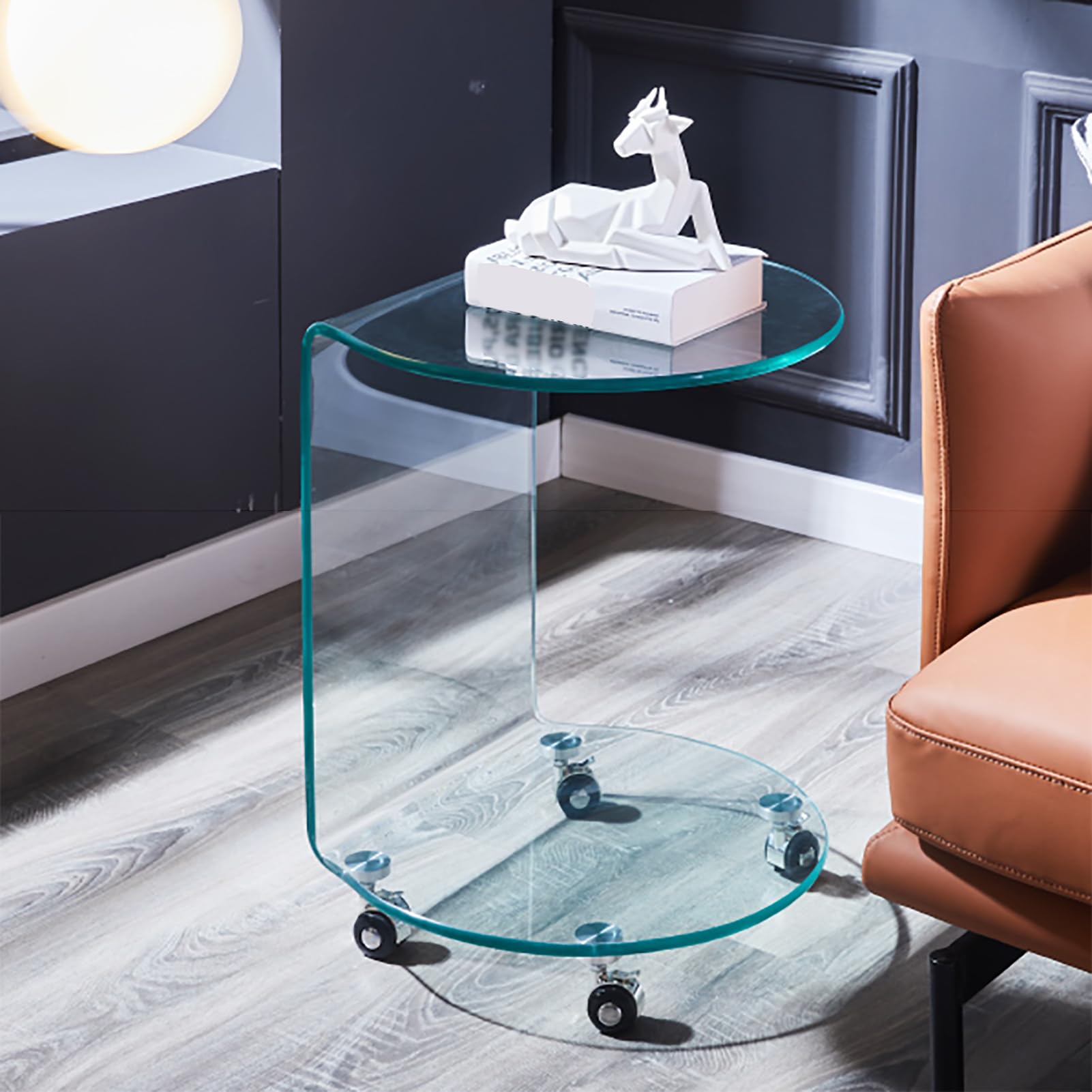Mesa auxiliar con ruedas en forma de C, moderna mesa auxiliar de 2 niveles con estantes de almacenamiento, mesa de centro de vidrio templado transparente para sala de estar y dormitorio