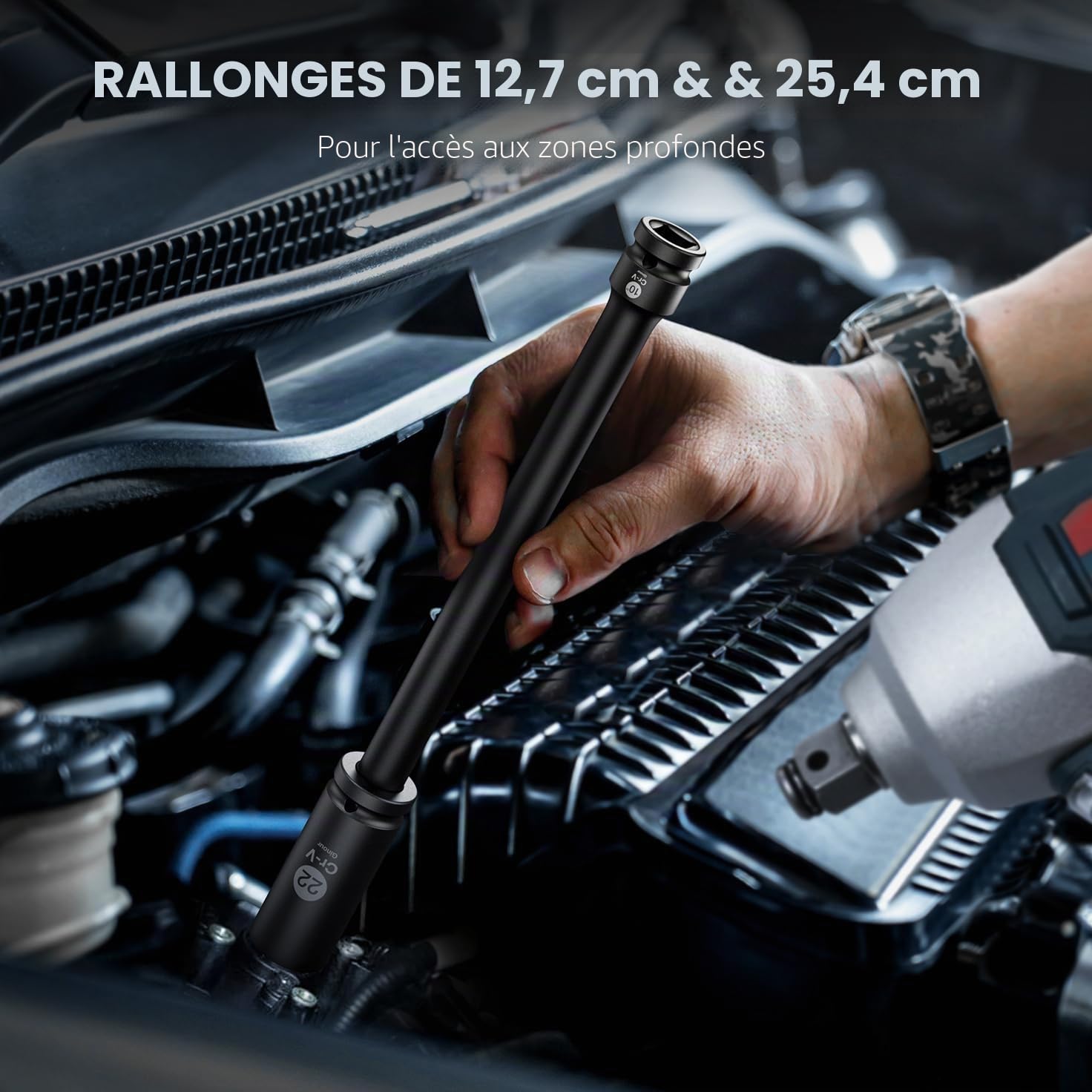 Jeu de douilles à choc 20 pièces, CR-V 8-24mm Ginour Coffret de douilles 1/2" 16 pièces 6 Pans avec rallonge 3, 5,10-inch et adaptateur 3/8 à 1/2