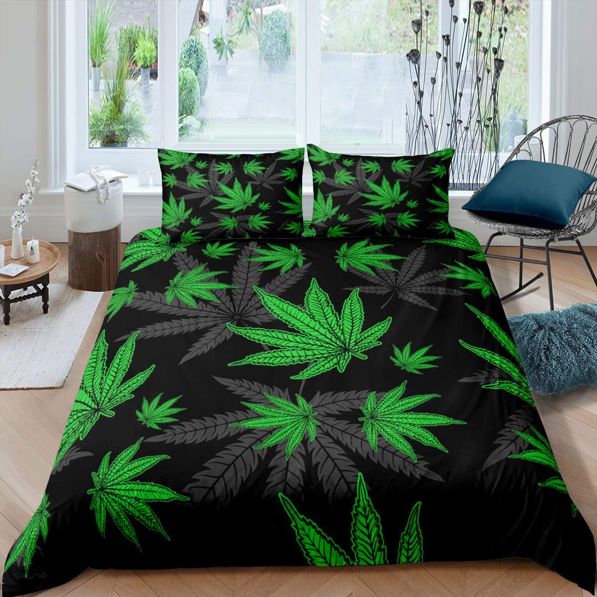 Housse de couette 220x240 cannabis avec sa parure de lit en feuilles d'herbe