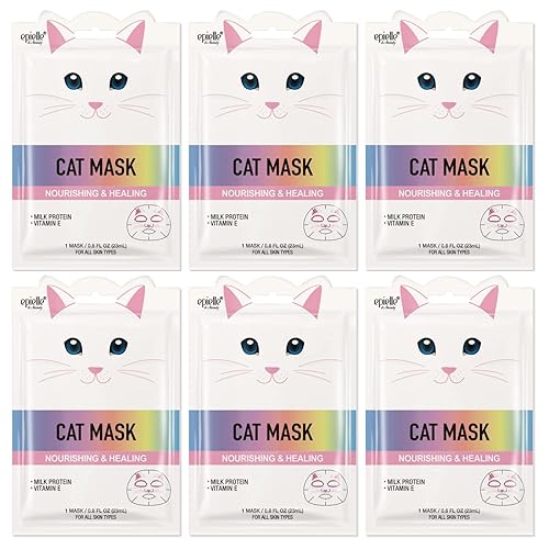 Epielle Paquete de 6 máscaras de personajes de animales para gatos, juego de mascarillas nutritivas para el cuidado de la piel con proteína de leche