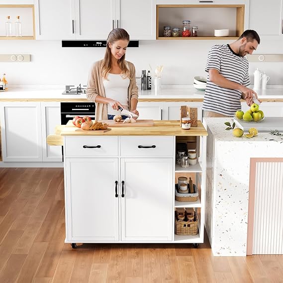 Rolling Kitchen Island with Storage, Portable Kitchen Island Cart with Drop Leaf Countertop, Mobile Kitchen Islands with Spice Racks & Towel Rack, Breakfast/Bar Cart with Storage Cabinet & Drawers