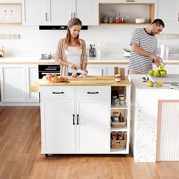 Rolling Kitchen Island with Storage, Portable Kitchen Island Cart with Drop Leaf Countertop, Mobile Kitchen Islands with Spice Racks & Towel Rack, Breakfast/Bar Cart with Storage Cabinet & Drawers