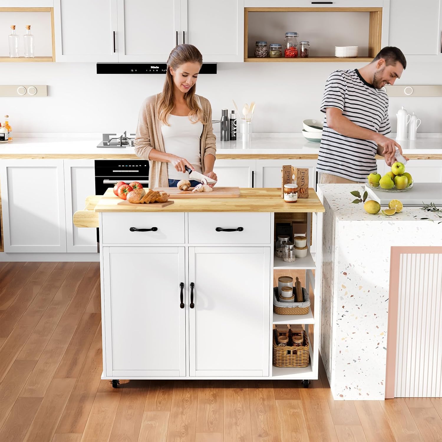 Rolling Kitchen Island with Storage, Portable Kitchen Island Cart with Drop Leaf Countertop, Mobile Kitchen Islands with Spice Racks & Towel Rack,