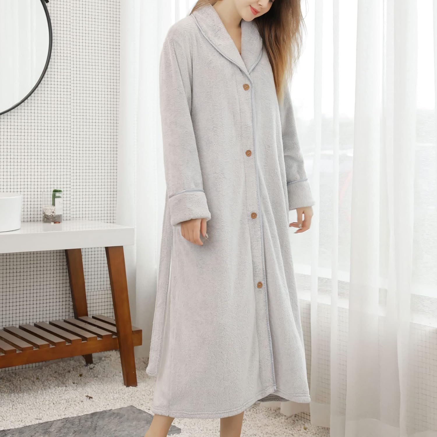 Lu's Chic Women's Plush Long Robe Soft Bathrobe Button Up Housecoat Fuzzy Fleece SPA Bath Maternity Duster Robe Pockets