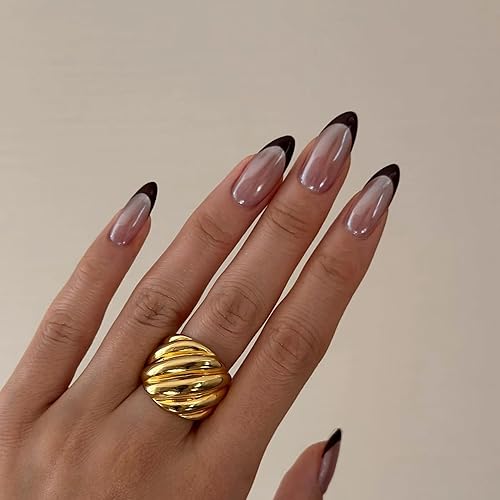 MERVF 24Pcs Medium Almond Press on Black French Tip Fake