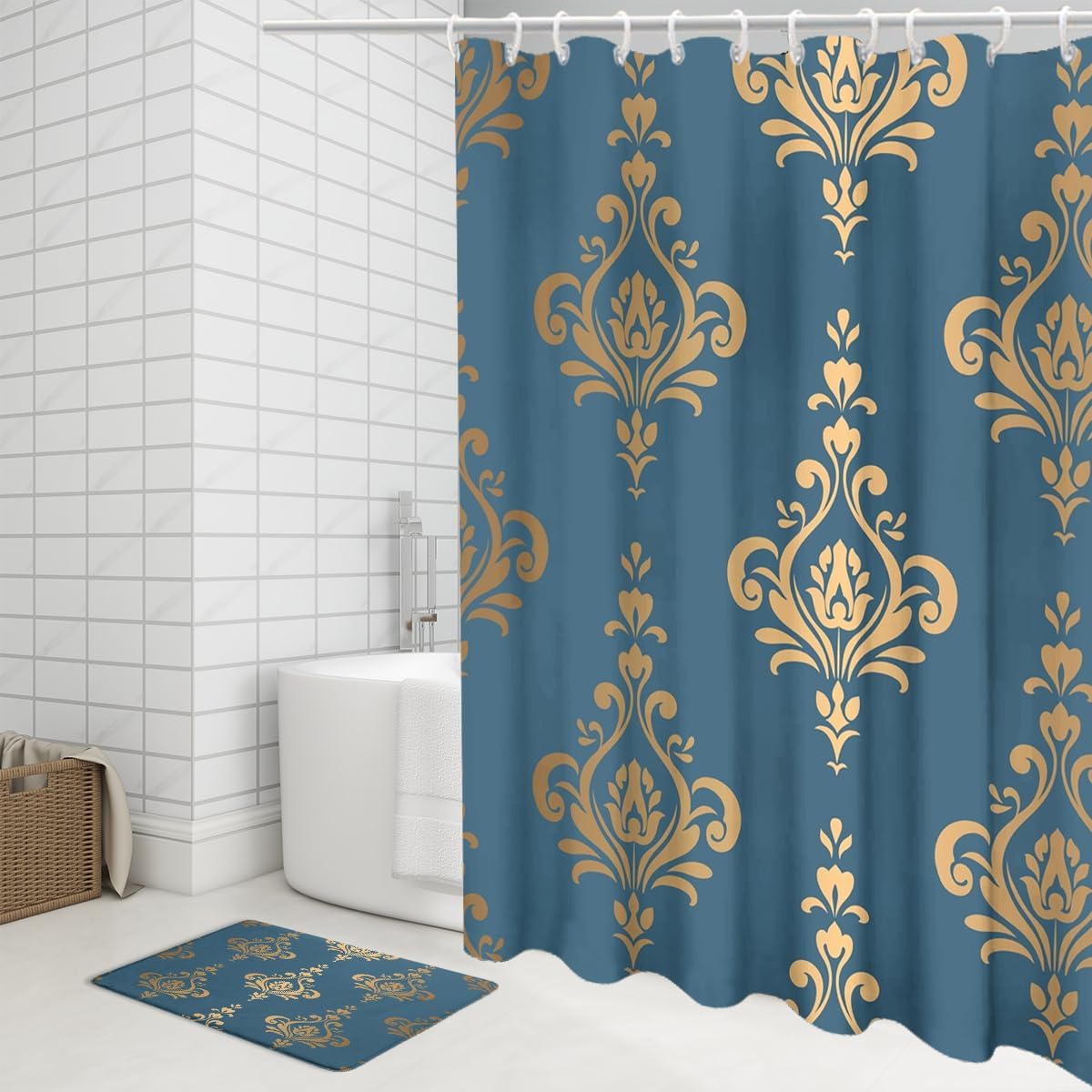 Luxury Baroque Blue Damask 4 Pcs Shower Curtain Sets,Vintage Traditional Boho Golden Damask Medallion Print Non-Slip Rugs,Toilet Lid Cover Bath Mat,Durable and Waterproof,for Bathroom
