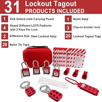 Lockout Tagout Kit Electrical Loto - Group Lockout Hasps, Lockout Tags, Safety Padlocks with Number, Nylon Ties with Pocket Bag(Red Kit)