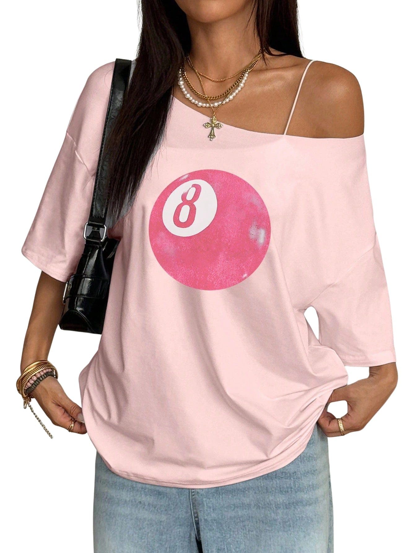 Women's Off Shoulder T-Shirt, Pink Billiard Ball 8 Print, Casual Loose Fit Top, Half Sleeve-image-40