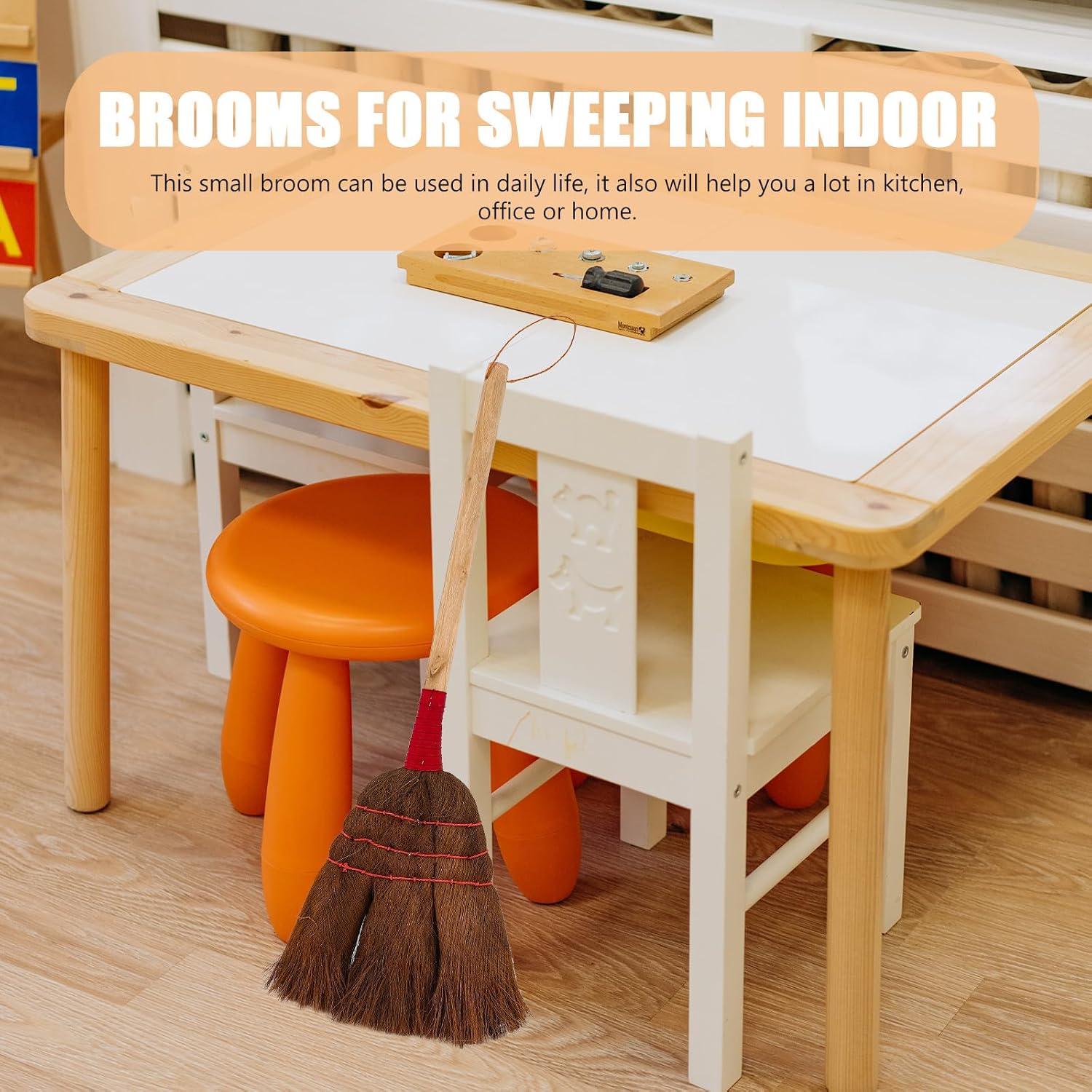 Floor Broom and Mini Hand Broom with Natural Bristles, Household Cleaning Tool for Indoor and Outdoor Use, Sized Sweeping Supply for Home Cleaning Style Color