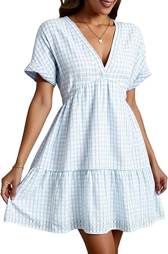 winkbay Women's Plaid Mini Babydoll Dress Ruffle Deep V Neck Flowy Cute Going Ou