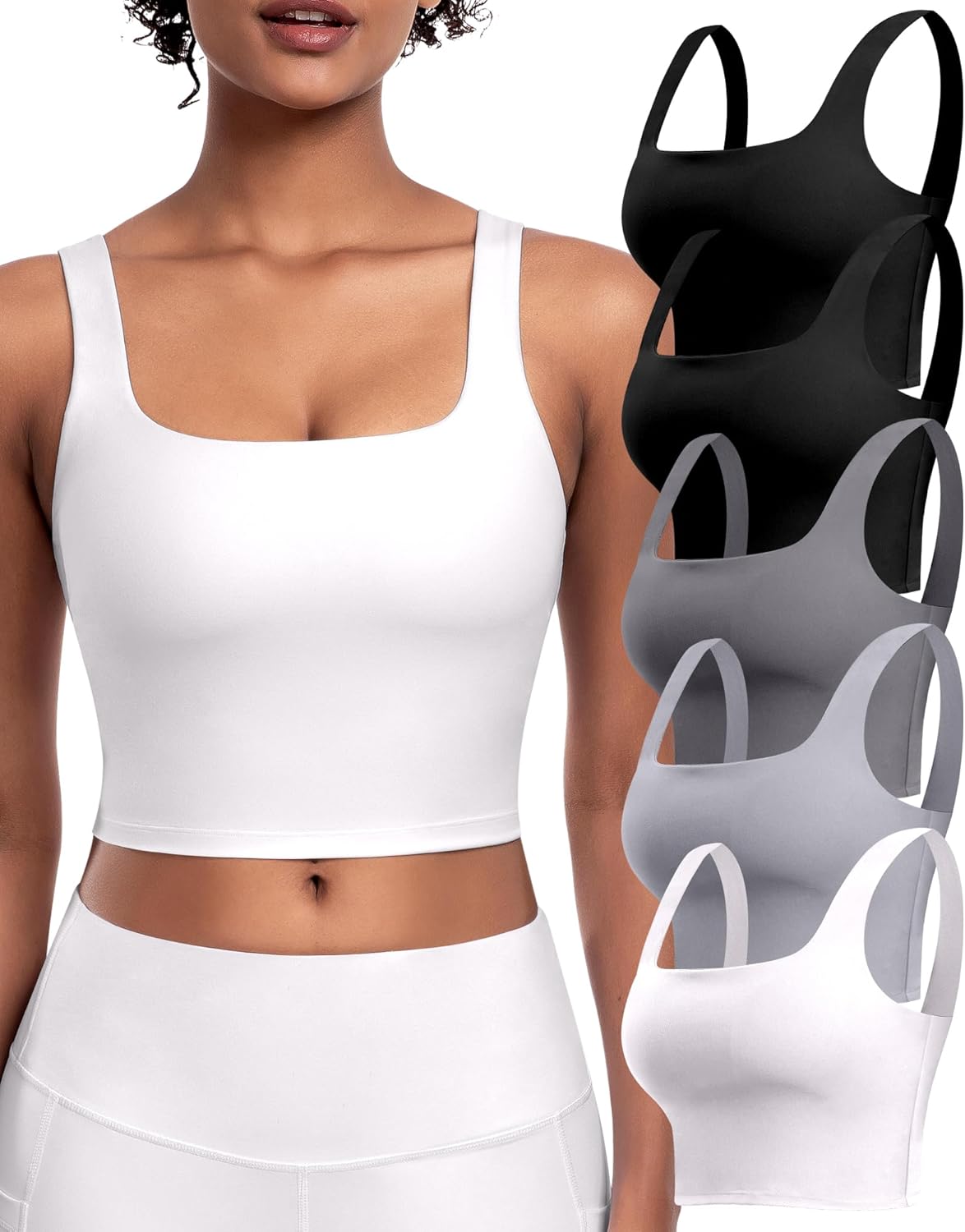 Womens Sports Bras 5 Packs - Square Neck Longline Workout Crop Tank Tops Padded Yoga Camisole with Built in Pads