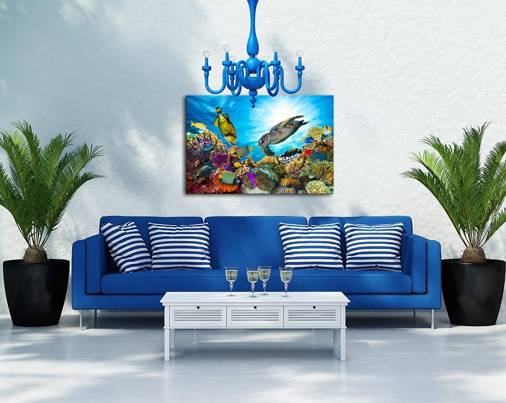 Large Wall Decor Colorful Sea Underwater World Coral Sea Turtle and Tropical Fish Painting Gallery Wrapped Ready to Hang Picture Artwork for Living Room Kids Nursery Room 28"x40"