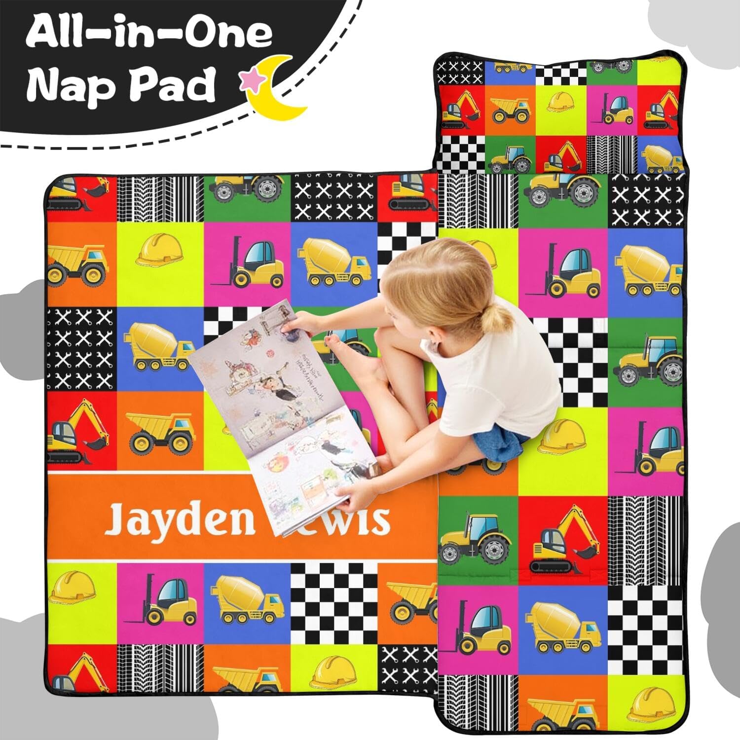 Personalized Constuction Toddler Nap Mat for Boys – Custom Name Sleeping Bag with Pillow & Blanket – Soft & Portable for Daycare, Preschool & Kindergarten