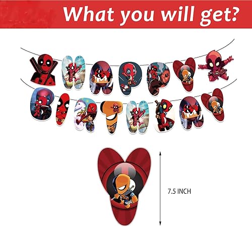Miniatura 2 de Suministros para fiesta de cumpleaños de Dead Pool, el juego de vajilla para fiesta temática de Deadpool incluye pancarta de cumpleaños, 20 platos,