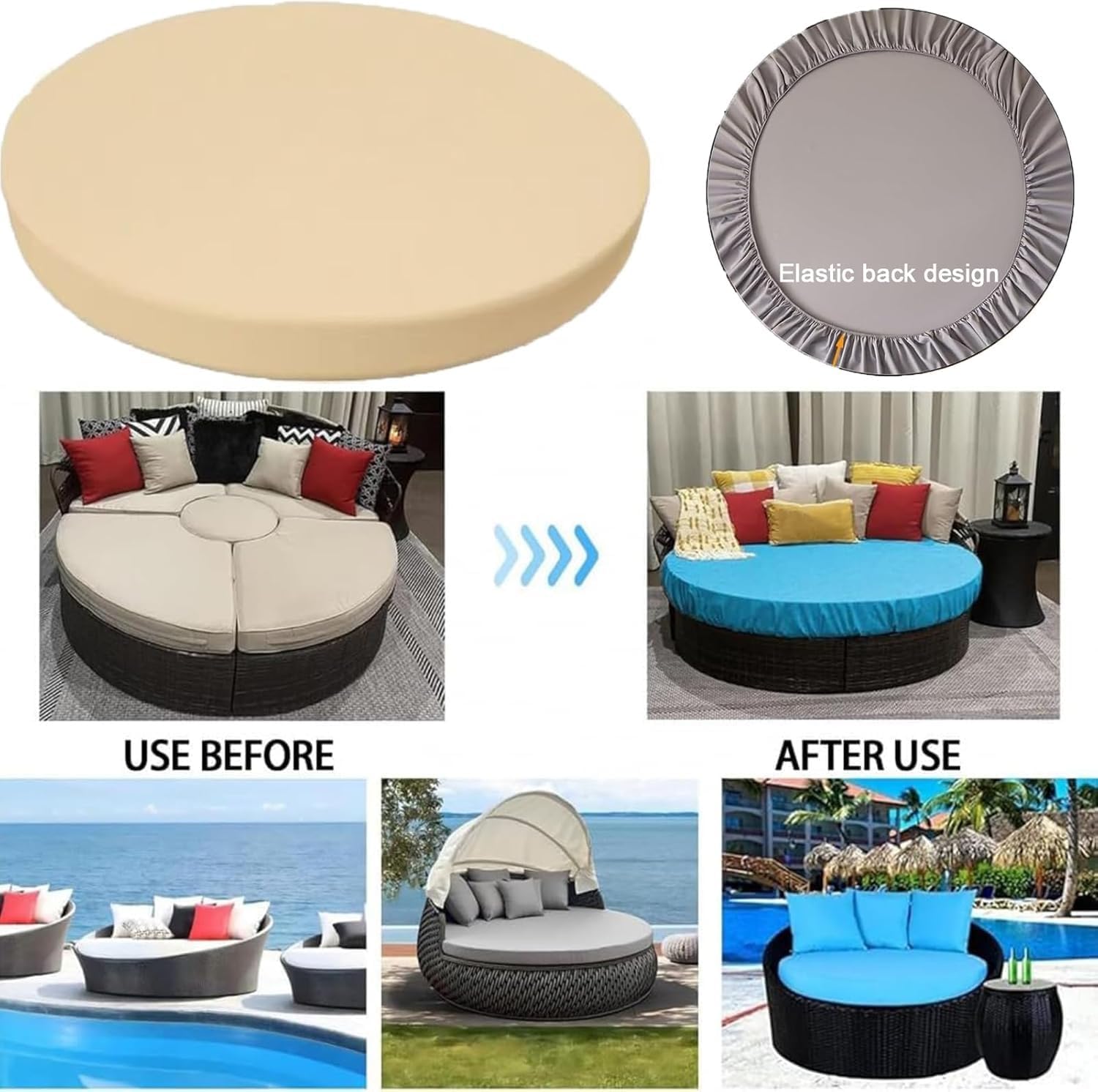 Round Daybed Cushion Cover 66" | Waterproof Outdoor Patio Replacement Slipcover for Sunbed Circle Mattress | Elastic Cord Breathable Fabric Only Cover(Pink)