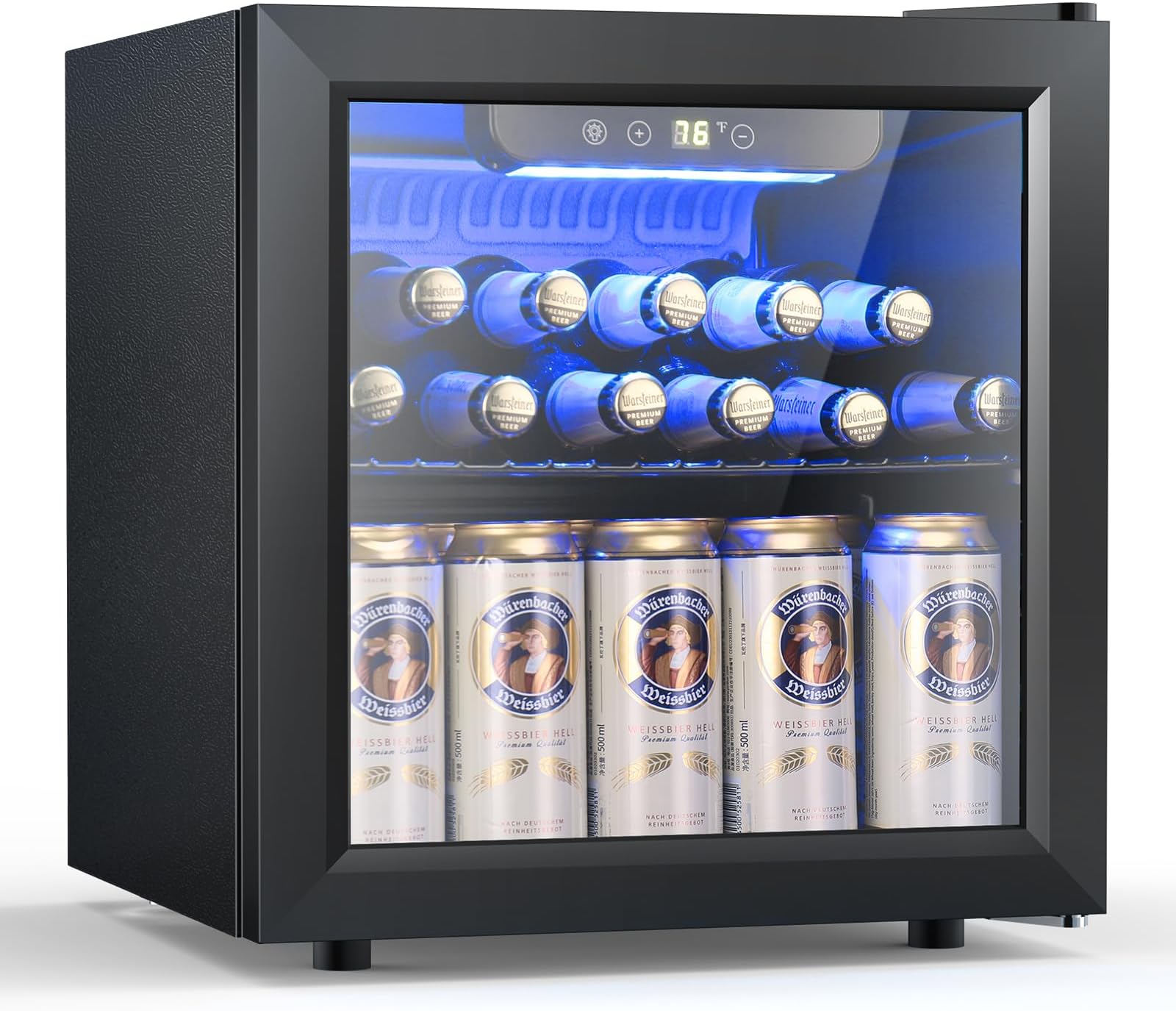 Kndko Mini Beverage Refrigerator - 48 Can Mini Fridge with Digital Temperature Control, LED Light, Reversible Door, Perfect for Home, Office, Bar, and Game Room - 1.3 Cu.Ft, Black