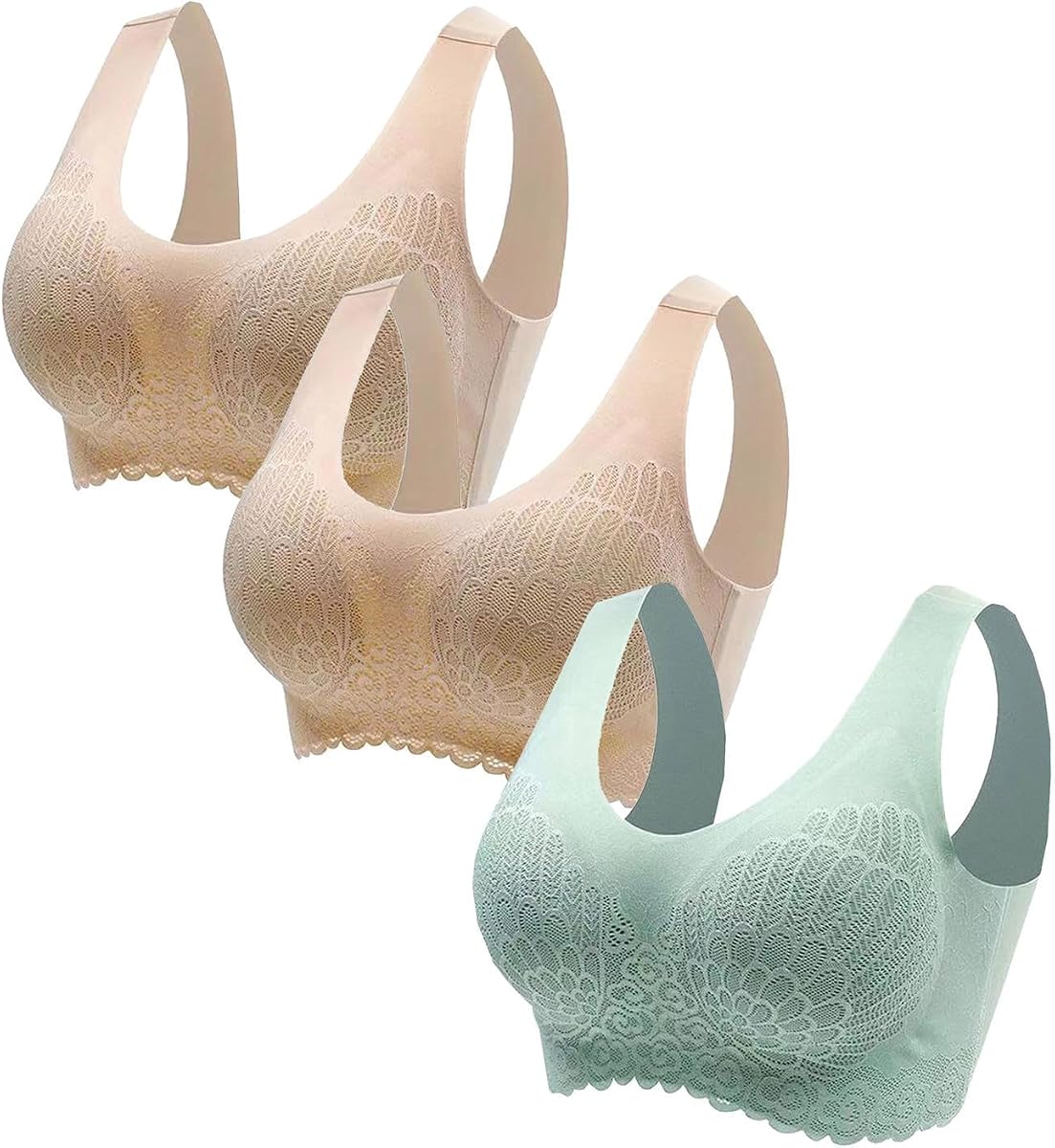 Womens Sports Bras 3 Pack Seamless Stretchy Comfort Yoga Bra Sexy Breathable Floral Lace Bralette Wire Free Brassiere