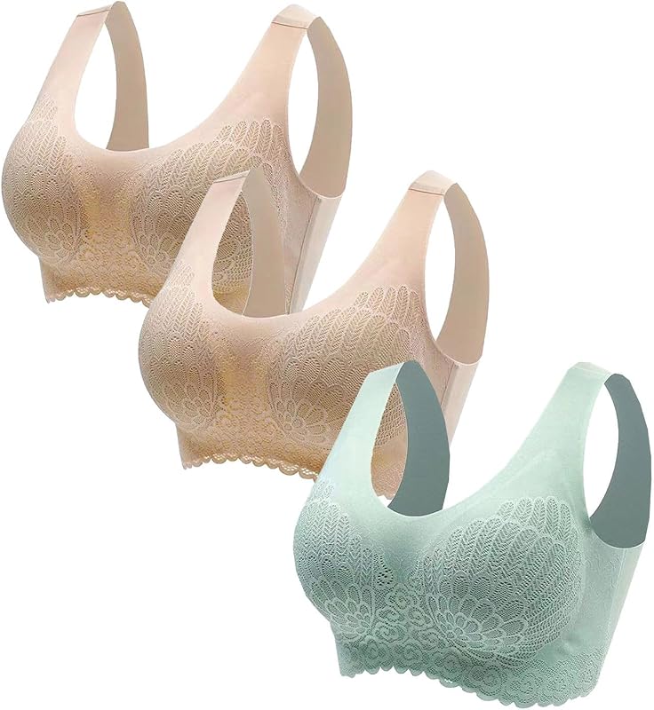 Womens Sports Bras 3 Pack Seamless Stretchy Comfort Yoga Bra Sexy Breathable Floral Lace Bralette Wire Free Brassiere