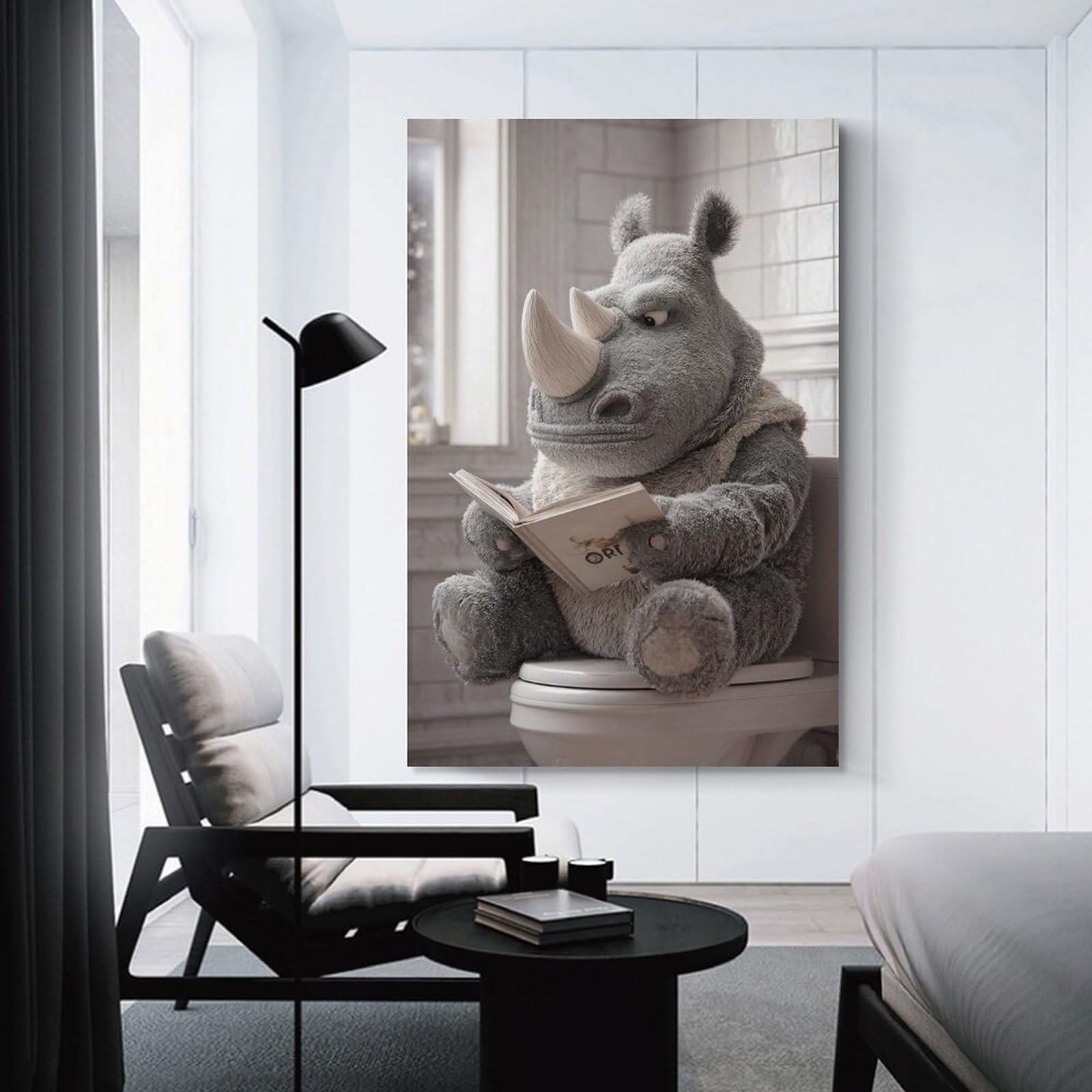 Junmoney Rhino Reading on Toilet Canvas Art Print 20x30inch(50x75cm), for New Homes, Bedrooms Or Workspaces, Gift Idea for Housewarming And Birthdays